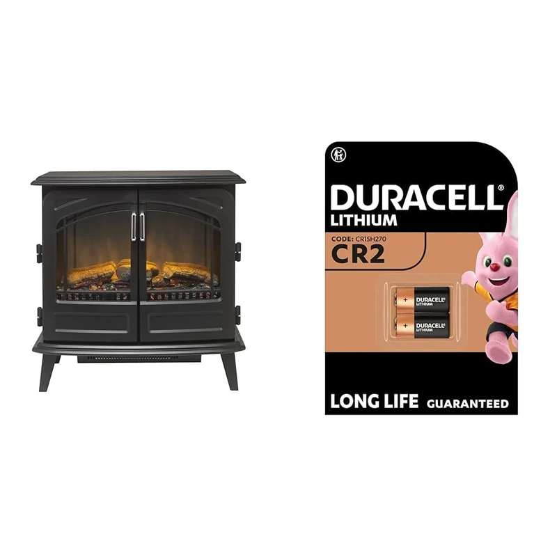 DimplexCassiaNoirLargeOptiflameElectricStove,BlackCastIronEffectWoodBurnerStyleStovewithArtificialLogs,LEDFlameEffect,OpeningDoors,2kWAdjustableFanHeaterandRemoteControl + Duracell High Power Lithium