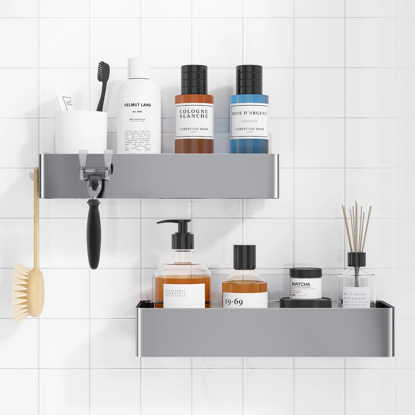 Kitsure 2 Pack Rustproof Shower Caddy - 2 Shelves, Drill-Free & Quick-Dry Shower Organizer, Rustproof Bathroom Shelves with 4 Hooks, Large, Sliver