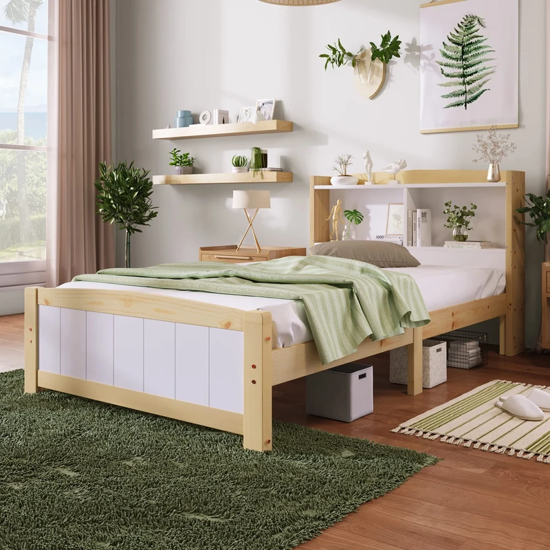 Merax Single Bed Frames | Solid Wooden Single Bed with Storage Headboard | Furniture Bed Frame For Adults Kids Teenagers | 90x190cm White Natural