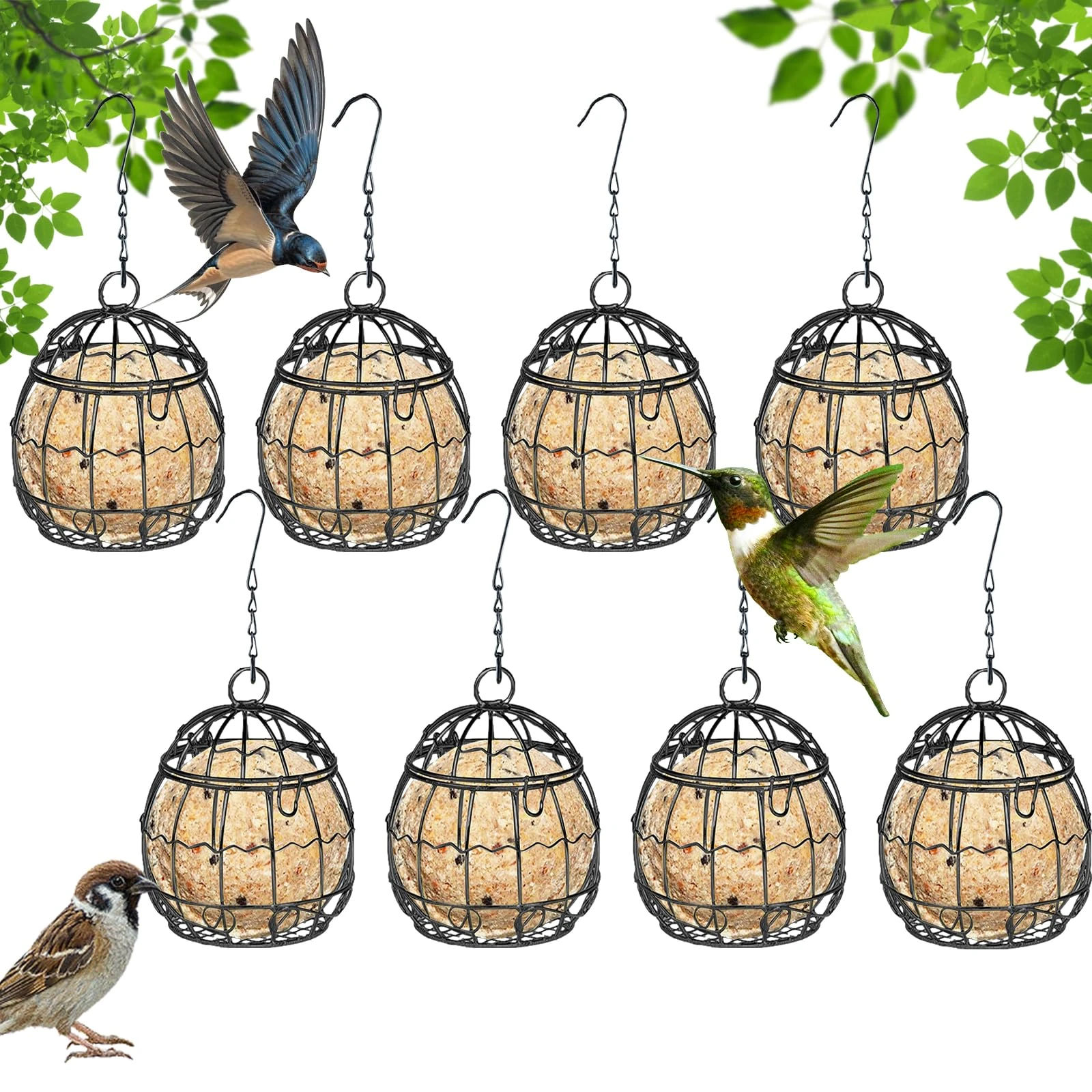 Metal Bird Feeders - 8 Pcs Hanging Fat Balls, Suet Ball Holder With 8 Hooks, For Finch, Sparrow, Robin - Outdoor Garden