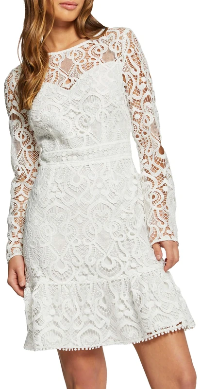 Morgan Fitted Short Lace Dress, Off White, UK 8