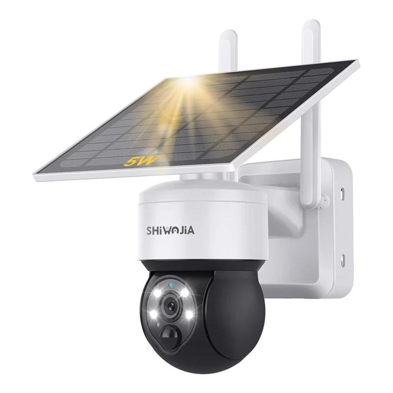 SHIWOJIA Wireless WiFi Solar Camera, 5W Solar Panel, 2K Security Camera Outdoor, Color Night Vision, PIR Human Detection, Two-Way Audio, IP66 Waterproof, Cloud/SD