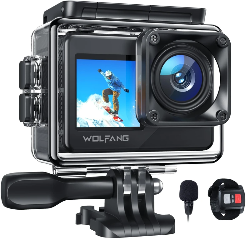 WOLFANG GA120 4K 20MP Action Camera, 40M Waterproof Underwater Camera for Snorkeling, 170° Wide Angle WiFi Dual Screen Vlogging Camera with EIS, External Microphone, Remote Control