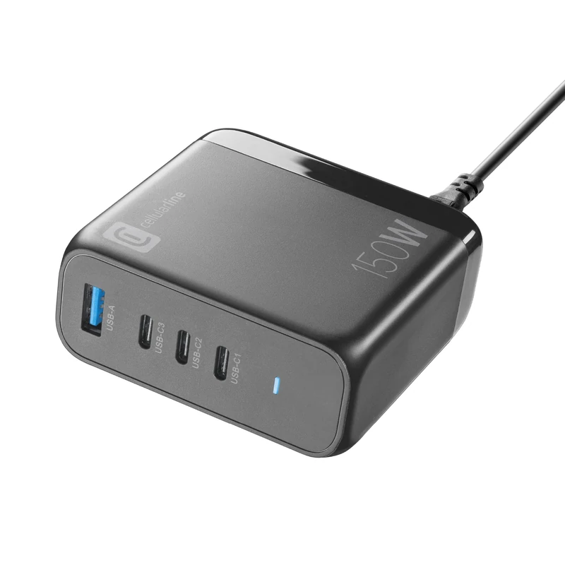 Cellularline - MULTIPOWER Desk GAN 150W Ultra Compact GaN Mains Charger with 4 Ports - 3 USB-C, 1 USB-A Port - Equipped with Gan Technology - Ideal for Smartphones, Tablets and Laptops