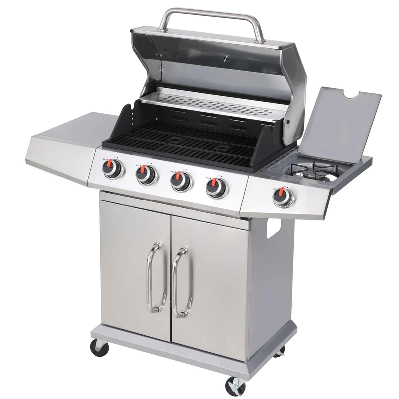 Sac 4+1 Gas BBQ Garden Grill with Enamel Cast Iron Grids, Stainless Steel Lid and Thermometer, Large Outdoor Cooking Barbeque with Storage