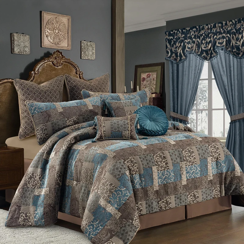 Loom and Mill 9-Piece Jacquard, Vintage Traditional Patchwork Comforter Sets BLUELOONG, Synthetic Fiber, Blue, King
