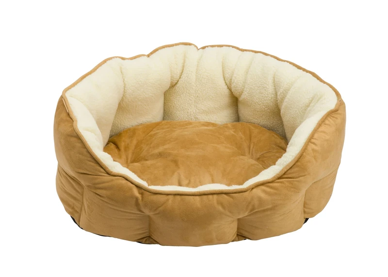 House of Paws Tan Faux Suede and Sheepskin Large Oval Dog Bed - Machine Washable, Non-Slip Base and Removable Cushion