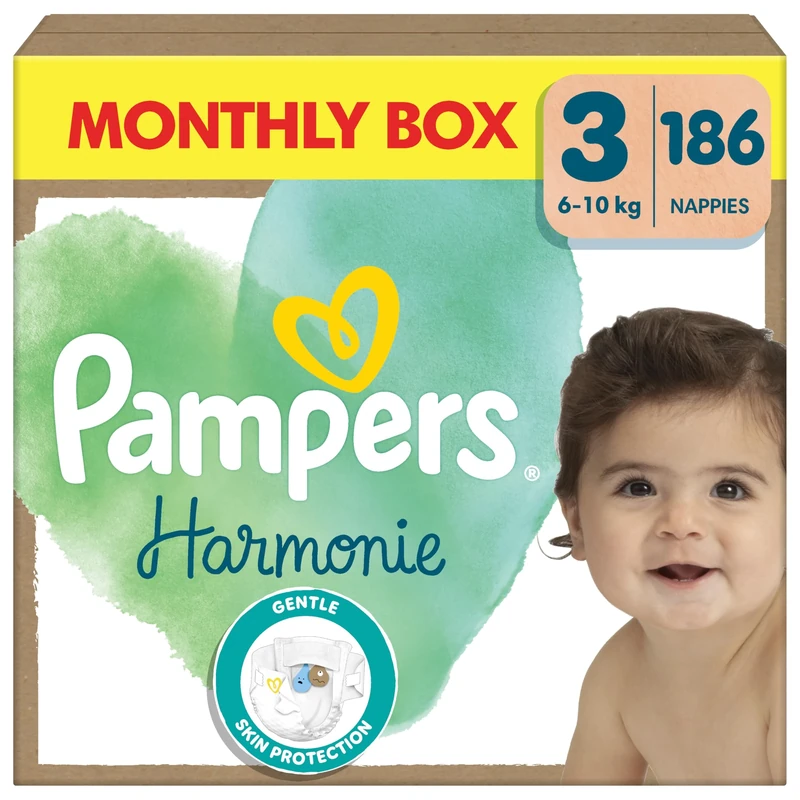 Pampers Harmonie Nappies Size 3, 186 Nappies, 6kg-10kg, Monthly Pack, Gentle Skin Protection with 100 Percent Pampers Protection