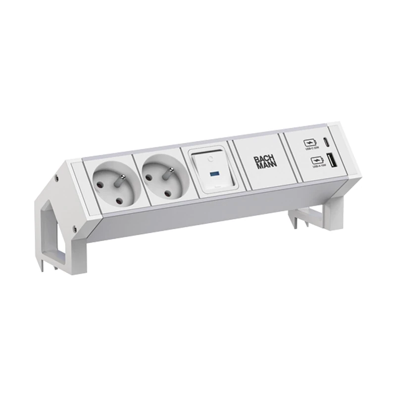 BACHMANN DESK2 Aluminium White 2xUTE 1x USB A/C 22W 1x Switch 0.2m - Image 1