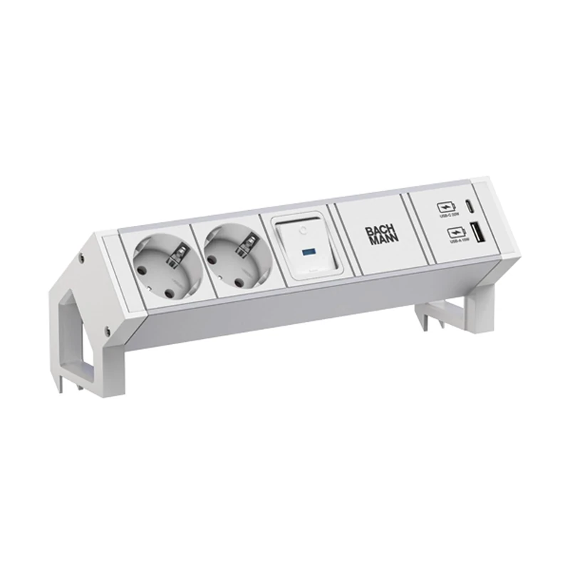 BACHMANN DESK2 Aluminium White 2 x CEE7/3 1 x Switch 1 x USB A/C 22 W 0.2 m