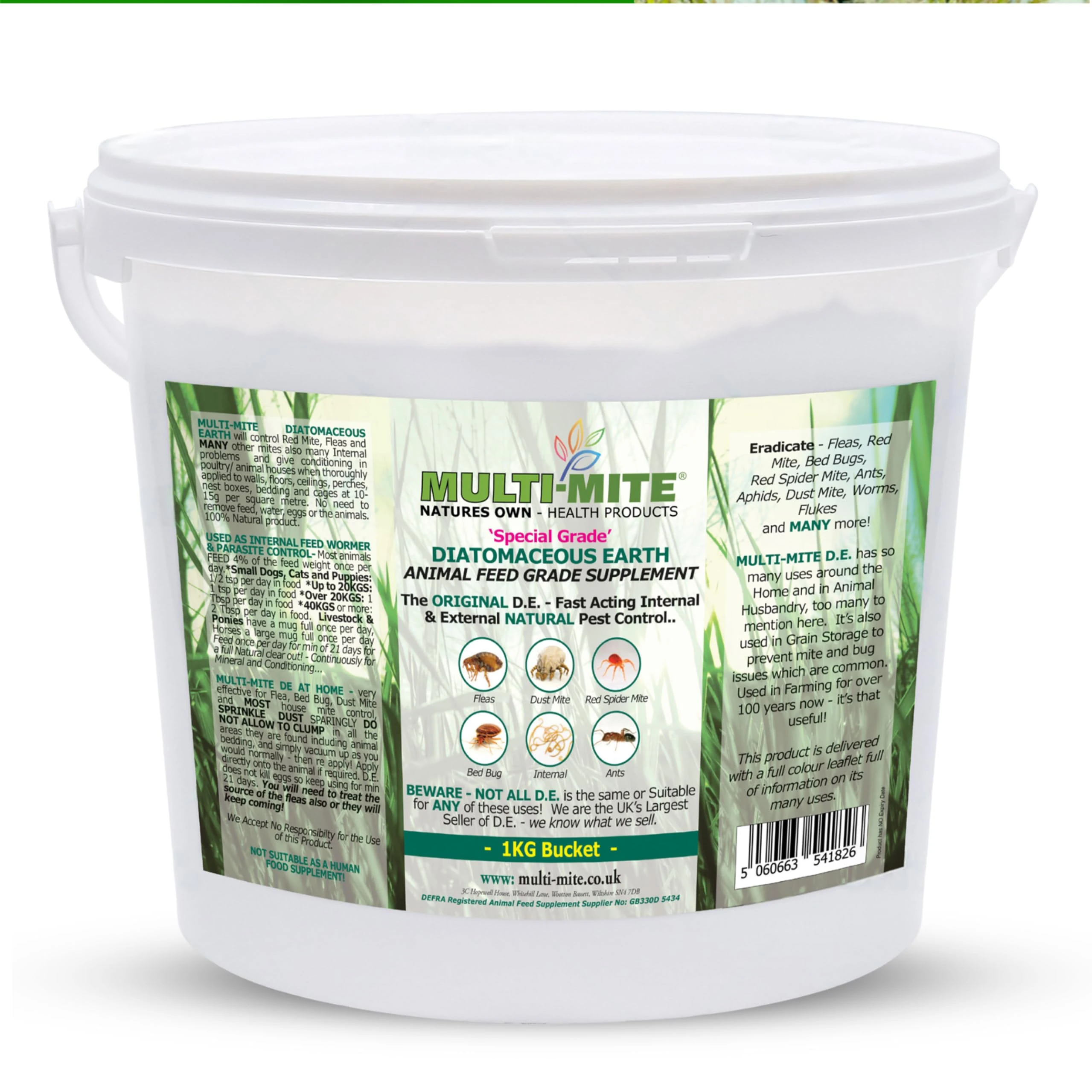 Multi-Mite 1kg Bucket Feed Grade Diatomaceous Earth - Red Mite, Fleas & All Animal Internal & Lice Control Powder - 100% Natural Insect Killer Pest Mite Treatment