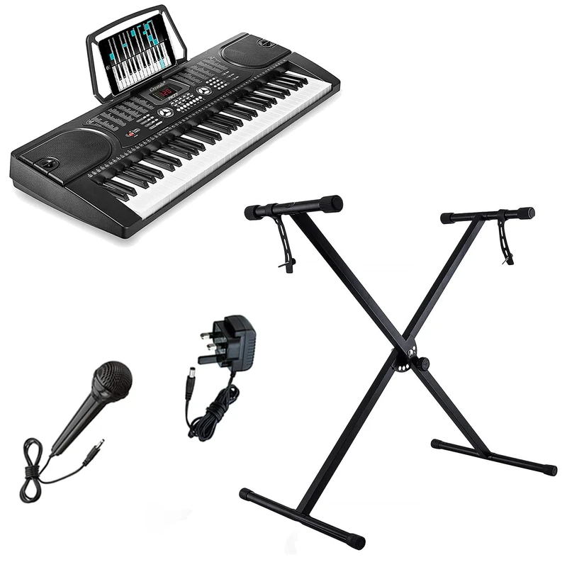 Crystals® 61 Keys Teaching Type Electronic Keyboard Digital Music Instrument Piano & Microphone with Keyboard Stand - Black (With Single Braced Stand - PK77)