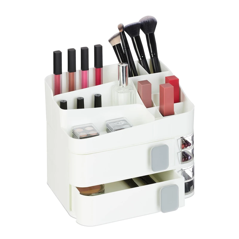 Relaxdays Make-Up Organiser, 21 Compartments, Cosmetic Storage, Plastic, HWD: 21.5 x 26 x 21 cm, Beauty Utensils, White