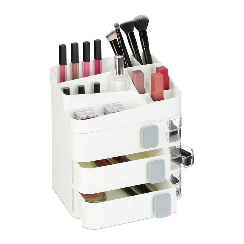 Relaxdays Make-Up Organiser, 24 Compartments, Cosmetic Storage, Plastic, HWD: 27.5 x 26 x 21 cm, Beauty Utensils, White