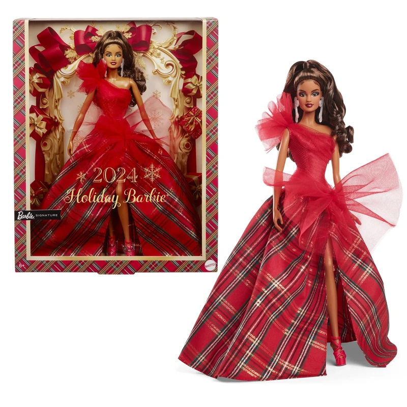Barbie Holiday Dolls, Seasonal Collector Gift, Signature, Plaid Gown with Red Bow, Displayable Packaging, Light Brown Hair, HRM67