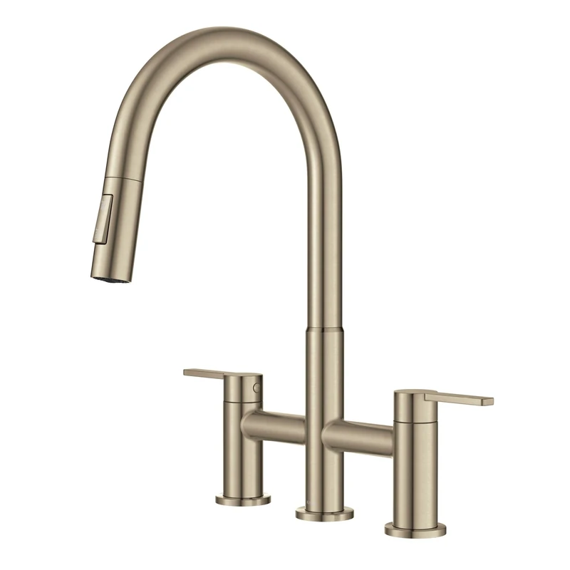 KRAUS Oletto Bridge KPF-3122SFACB Kitchen Faucet with Pull Out Spray Head in Antique Champagne Bronze Stainless