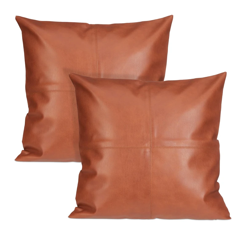 Relaxdays 2x Cushion Cover, 0.2 x 45 x 45 cm, Leather Look, Pillow Cases for Decoration & Sofa, with Zip, Brown/White, Polyester