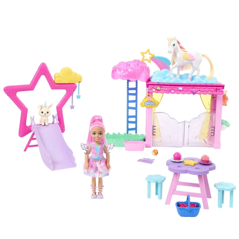 Barbie Chelsea Doll and Baby Pegasus Playset, Winged Horse Toys, Barbie A Touch of Magic Set with Stable, Pet Bunny and Accessories, JCW56