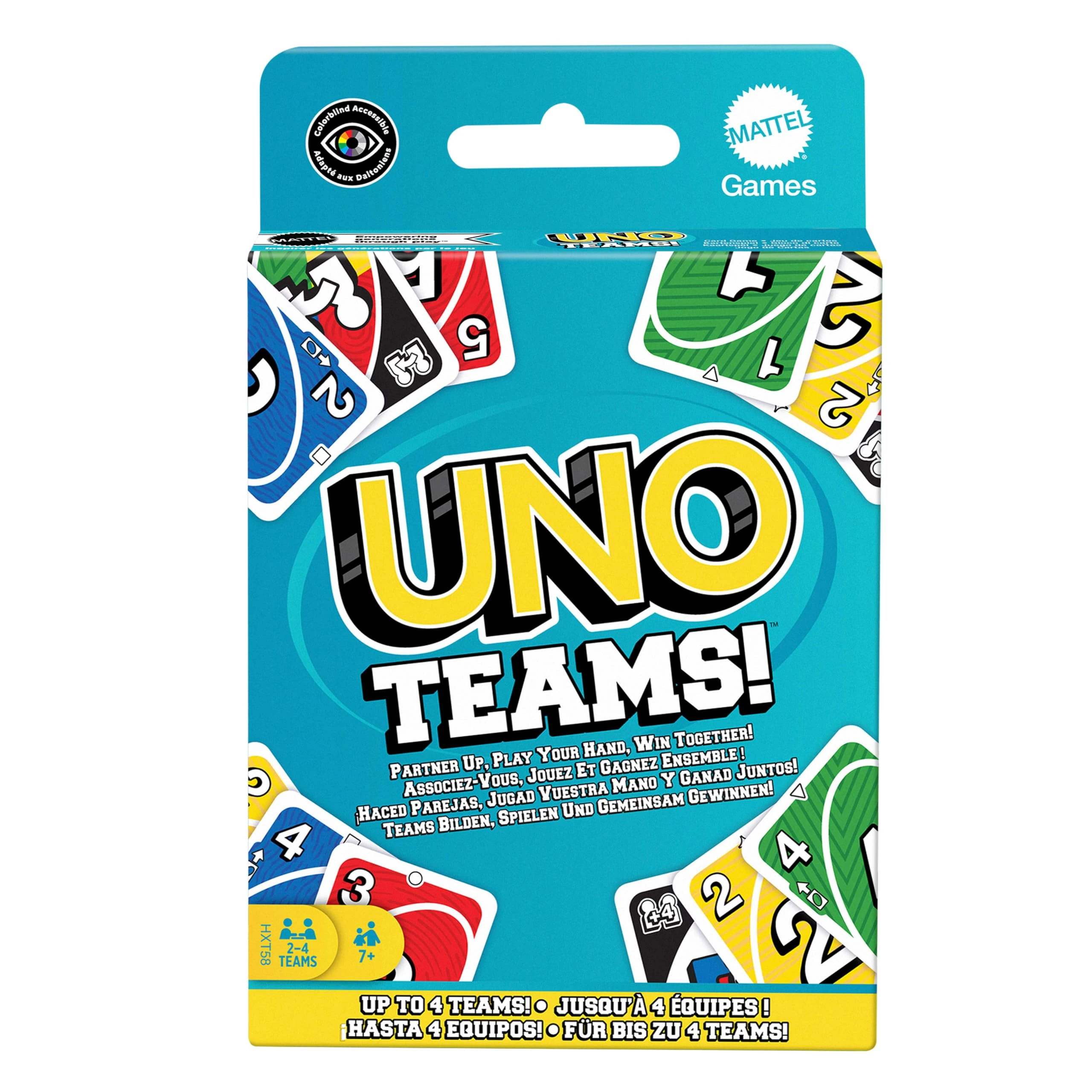 Mattel Games UNO Teams Card Game for Family Nights, Game Nights, Travel, Camping & Parties for Players 7 And Up In Up To Four Teams, With Cards Any Colorblind Player Can Use, HXT58