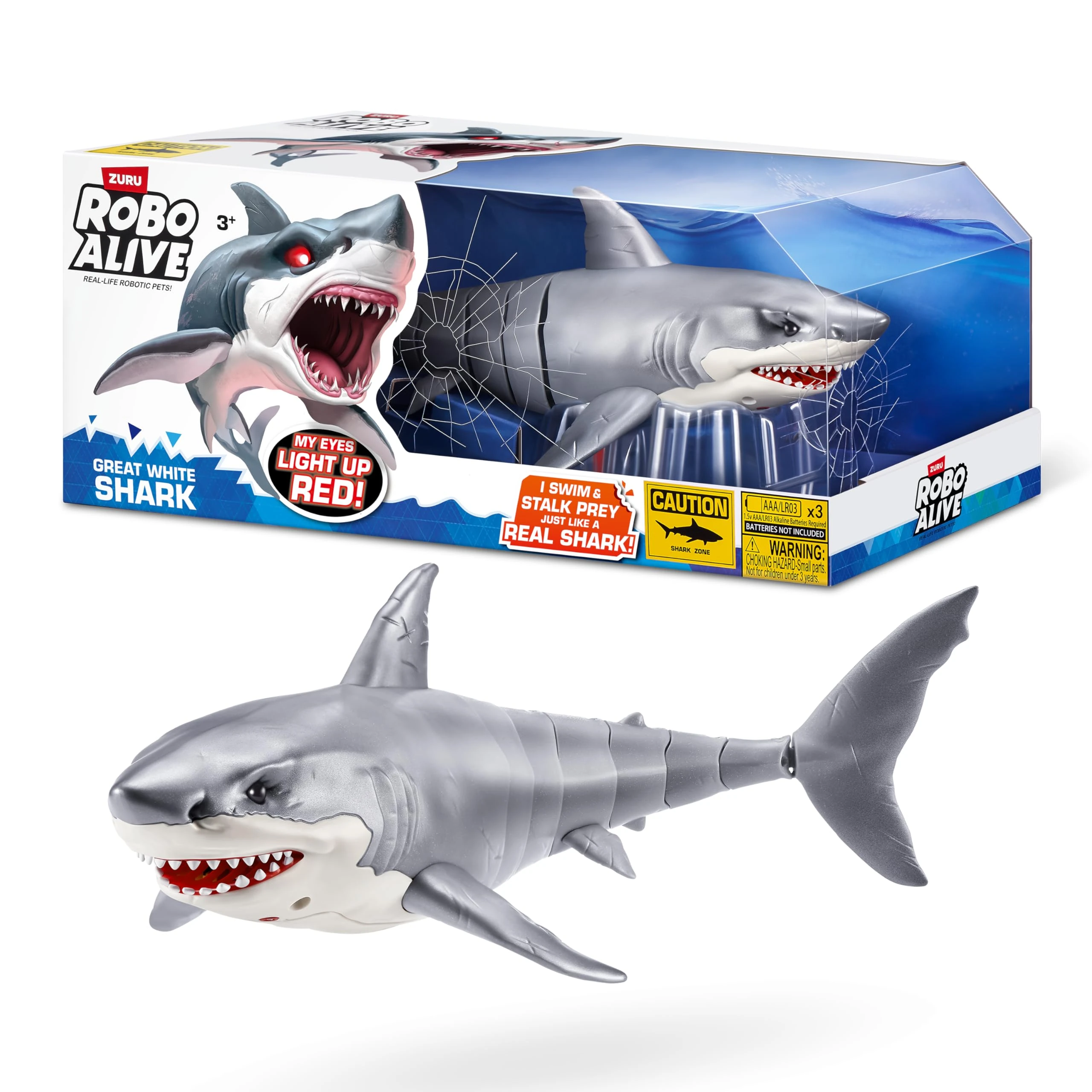 ROBO ALIVE Great White Shark Series 1 ZURU - Battery-Powered Light Up Shark Toy, Pool & Bath Toy for Kids, Fun Swimming & Diving Play