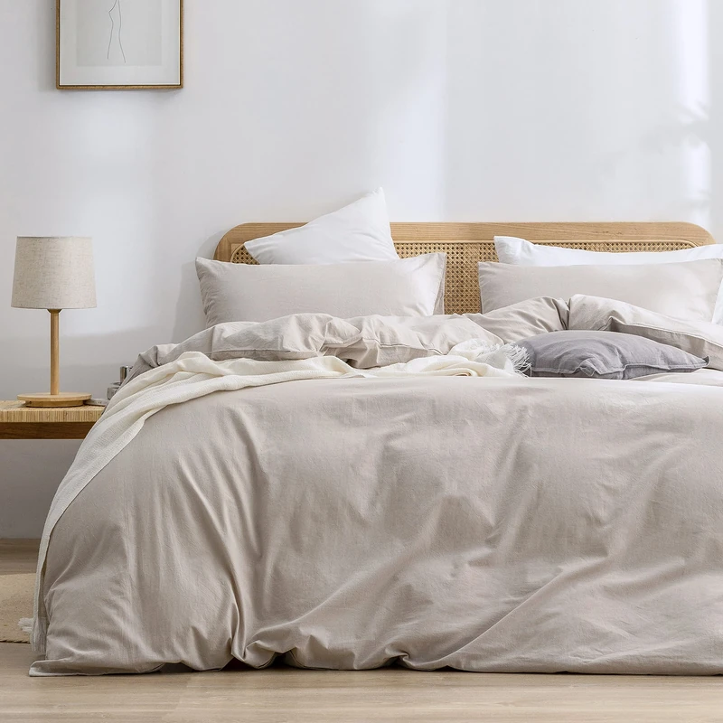 BESTOUCH Cotton Solid Duvet Cover Set Linen Feel Linen Grey Super Queen