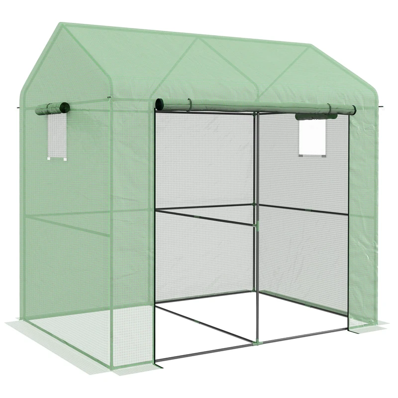 Outsunny Walk-in Greenhouse, Outdoor Tomato Greenhouse, Green House for Garden, Grow House with Roll-up Door and Mesh Windows, PE Cover, 200 x 140 x 200cm, Green