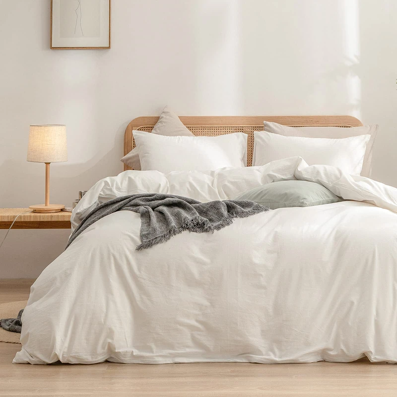 BESTOUCH 3 Piece Duvet Cover Set 100% Washed Cotton Linen Feel Super Soft Cozy Chic Lightweight Plain White King Size Oversized King
