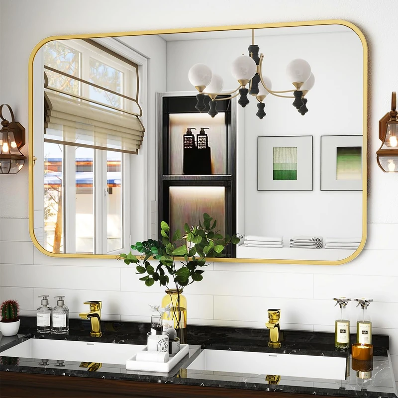 Koonmi 75 x 122 cm Wall Mirror, Rectangular Metal Frame, Bathroom Mirror, Round Corner, Wall Mirror for Bathroom, Living Room, Wall Mounted, Horizontal or Vertical, Gold - Image 1
