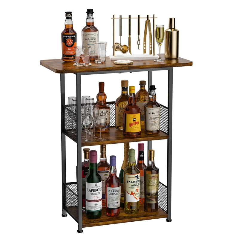 Eyteenokk Floor Standing Freestanding Whiskey Rack: 3 Tier Wine Rack Mini Bar Table Corner Wine Bottle Display Stand Coffee Bar, for Bottles,Coffee Maker and Mugs