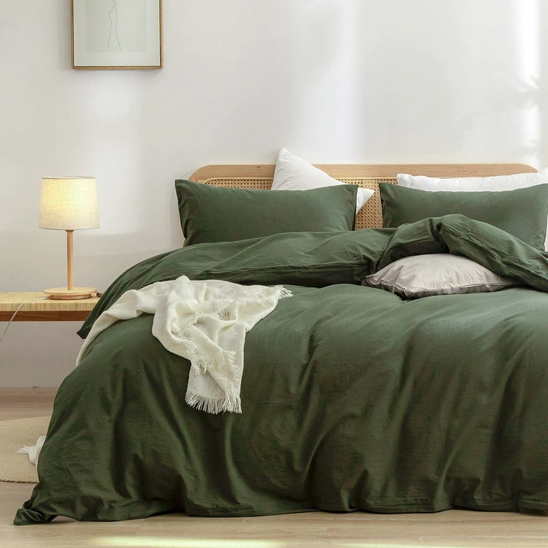 BESTOUCH Cotton Solid Duvet Cover Set Olive Green Oversized Queen