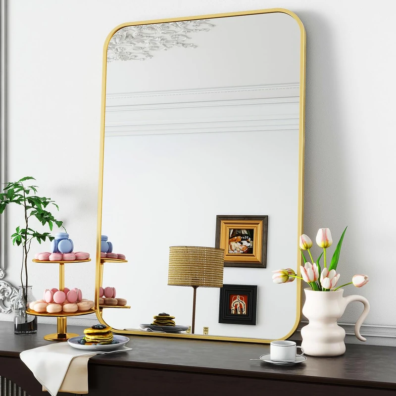 Koonmi 96 x 66 cm Wall Mirror, Rectangular Metal Frame, Bathroom Mirror, Round Corner, Wall Mirror for Bathroom, Living Room, Wall Mounted, Horizontal or Vertical, Gold