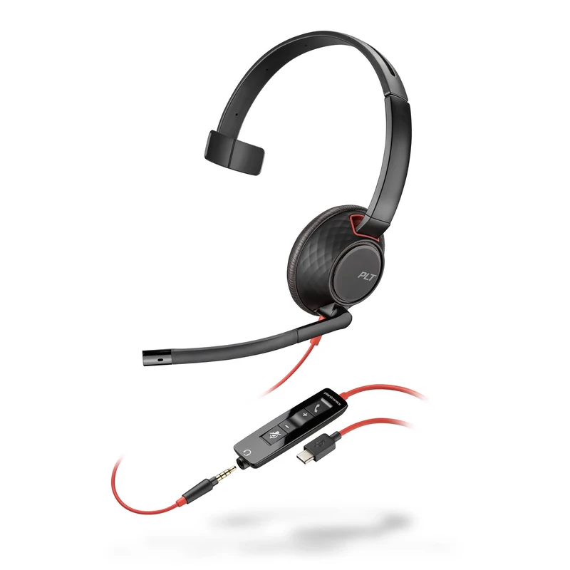 Poly Blackwire 5210 Wired Headset (Plantronics) - Flexible Noise-Canceling Boom Mic – Single-Ear Design - Connect to PC/Mac, Mobile via USB-C, USB-A, or 3.5 mm - Works w/Teams, Zoom