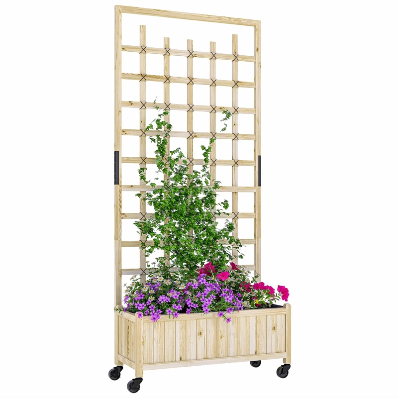 Outsunny Wooden Trellis Planter, Raised Beds for Garden with Wheels and Drainage Holes, Privacy Screen Planter Box to Grow Vegetables, Herbs and Flowers for Garden, Patio, Deck, Natural