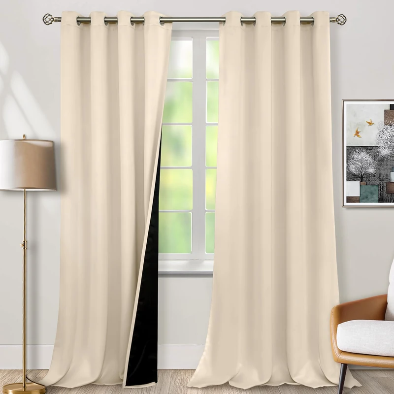 BGment Thermal Insulated 100% Blackout Curtains 90 Inch Length 2 Panels, Total Light Blocking Curtains for Bedroom, Grommet Window Drapes with Thick Black Liner, 52 Inch Wide Each Panel, Champagne