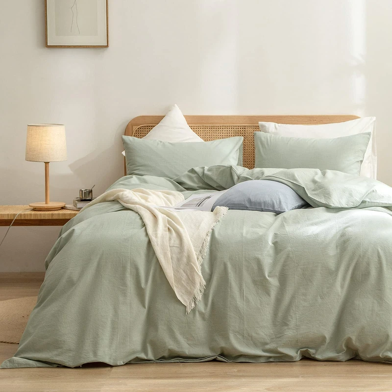 BESTOUCH 100% Washed Cotton Bed Linen Set, Super Soft Touch Comfortable Chic Lightweight 3-Piece Bedding Set Home Solid Sage Green Super King Plus