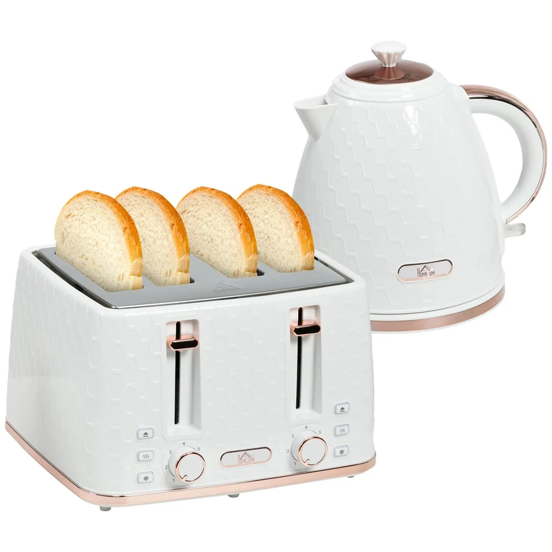 HOMCOM Kettle and Toaster Set, 1.7L 3000W Fast Boil Jug Kettle with Auto Shut Off, 4 Slice Toaster with 7 Level Browning Controls & Crumb Tray, UK Otter Thermostat, Cream