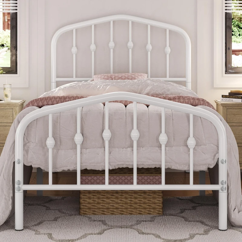 Yaheetech 3ft Single Bed Frames Slatted Metal Bed with Crown-inspired Design Headboard/Spacious Under-bed Storage White
