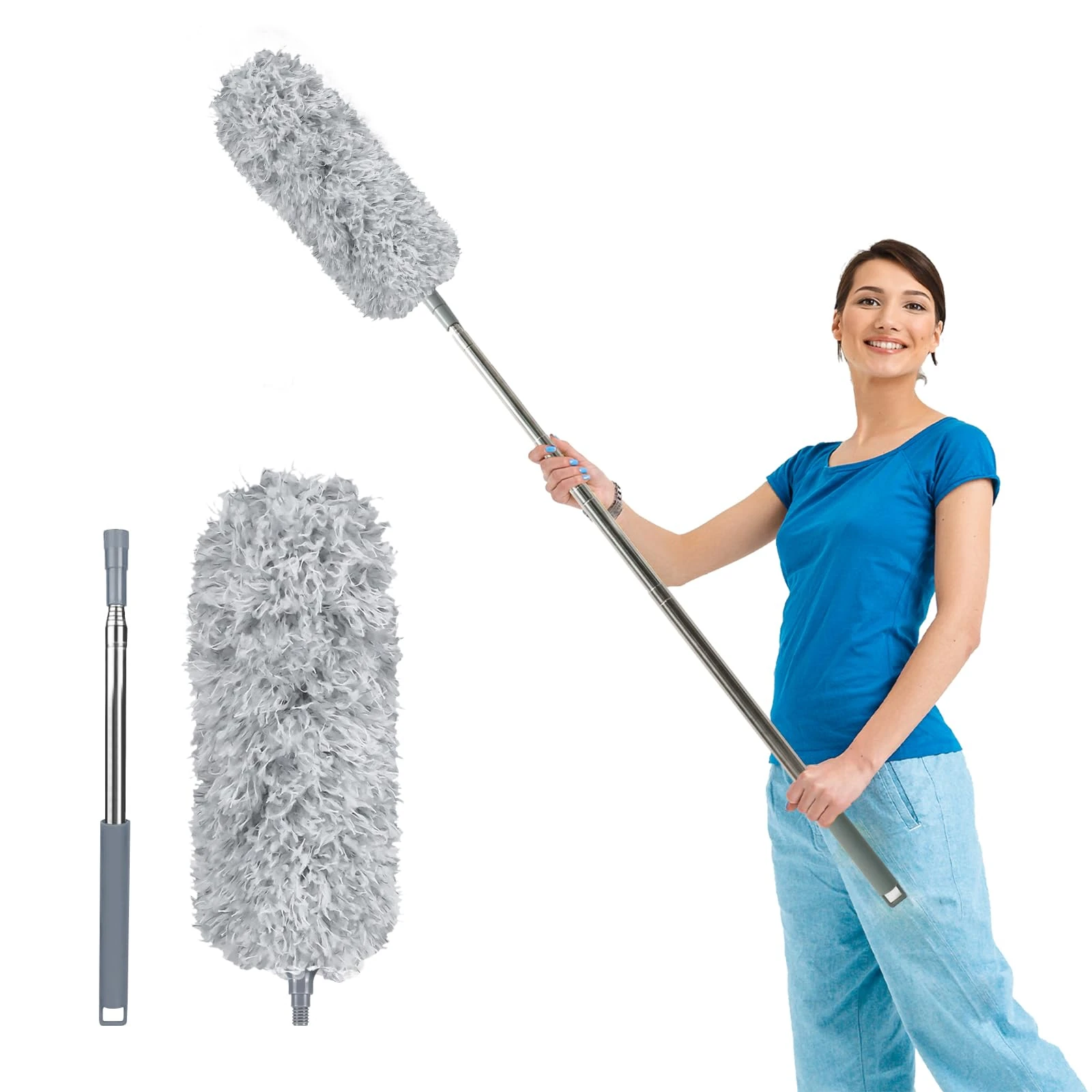 Fogray Extendable Feather Duster, Bendable Microfiber Long Handled with Extra Telescopic Extending Pole and Soft Silicone Cap, Washable Duster for Cleaning Roof, High Ceiling Fan, Blinds, Cobweb