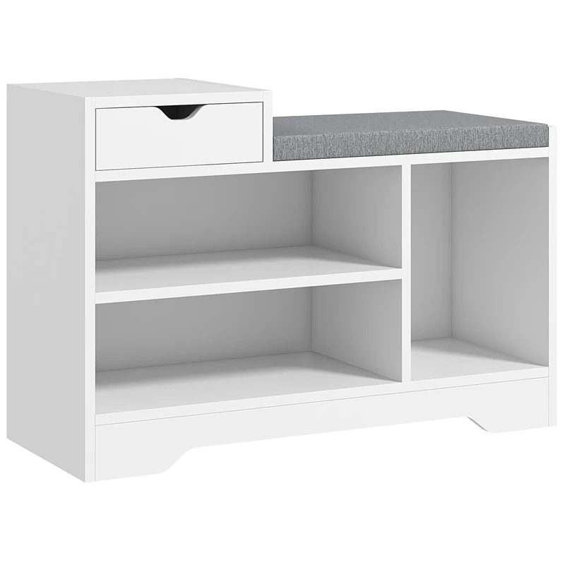 HOMCOM Shoe Storage Bench, Shoe Rack Bench with Seating Cushion, Drawer, 3 Open Compartments and Table Top for Entryway, Hallway, White