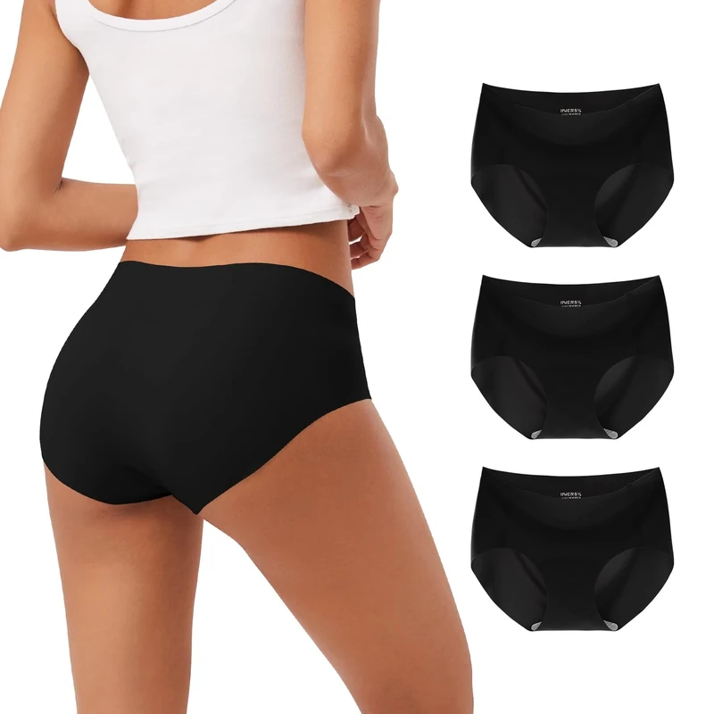 INNERSY Seamless Knickers for Women Black Underwear No Vpl Pants Microfibre Midi Briefs 3 Packs (12, Black)
