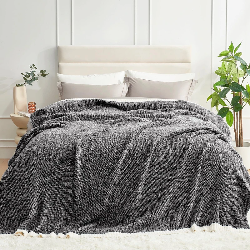 Snuggle Sac Queen Size Bedding Blanket Black, Super Soft Warm Cozy Bed Blankets Oversized Fuzzy Plush Blankets for Bed, Bedroom, Heather Black, 90x90 inches