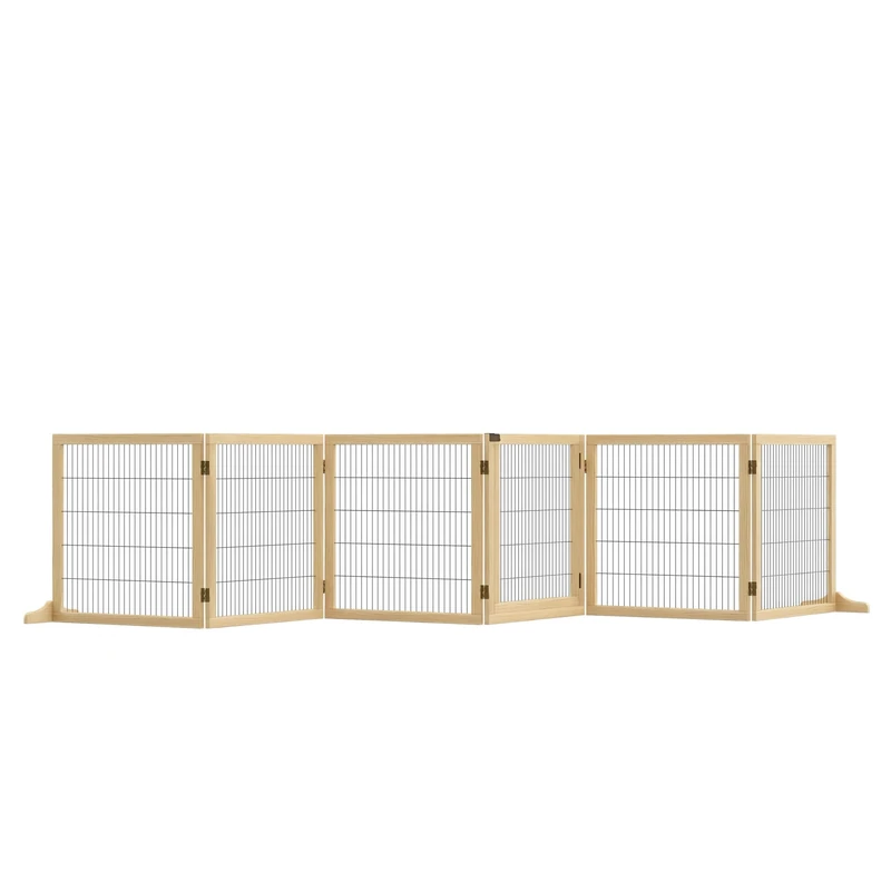 PawHut Freestanding Pet Gate, 6 Panel Foldable Playpen, Wooden Dog Gate with 2 Support Feet, for Stairs, Doorway - Natural Tone