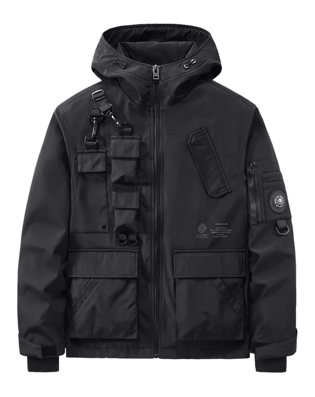 MFCT Men's Techwear Waterproof Windbreaker with Funnel Hoodie, Black5, X-Large