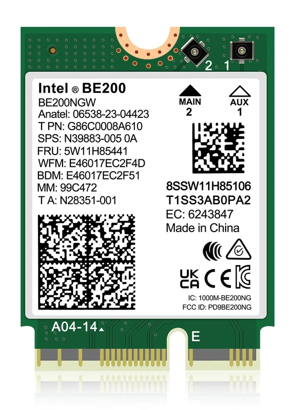 WiFi 7 Wireless Card Intel BE200 NGW, Bluetooth 5.4, 5800Mbps M.2/NGFF Network Support Windows 10/11 (64bit), Linux, Only supports Intel 12th and above CPU and not support AMD CPU Laptop.