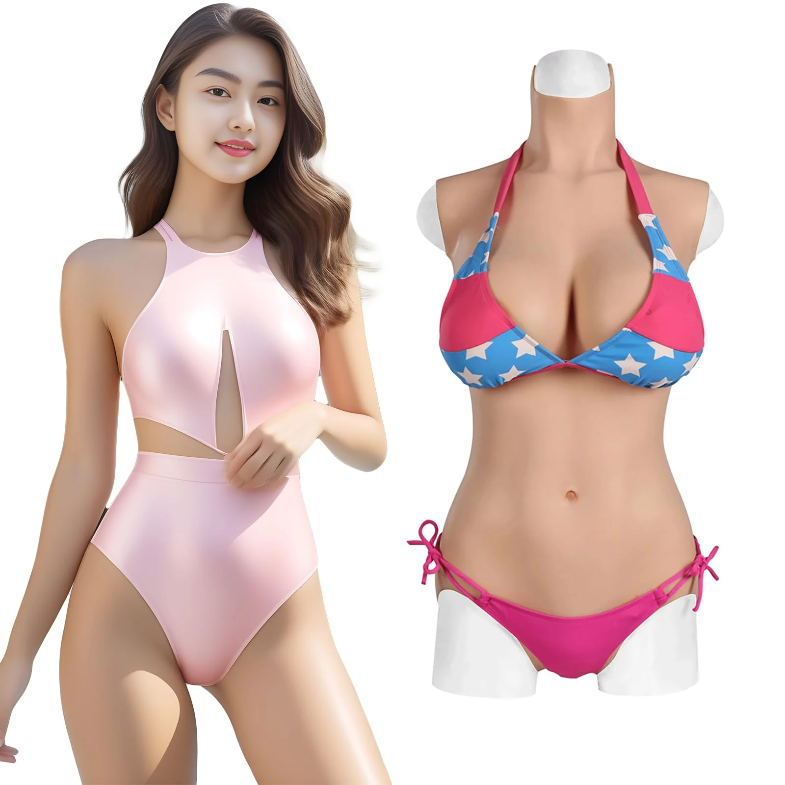 QIAOYIQIAO 3th Genertation Silicone Bodysuit E Cup Short Version Realistic Breastplate Crossdressing Apparel Male to Female Crossdresser, Color 1, L-Cotton Filler