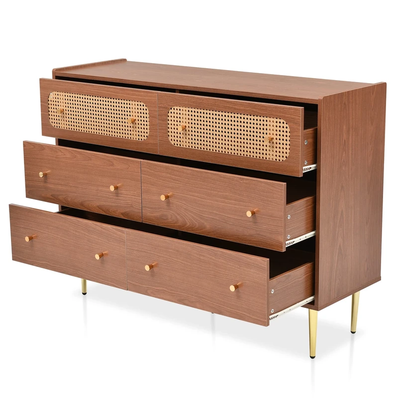 Merax Rattan Sideboards for Living Room, Storage Kitchen Cabinet with 6 Drawers, Walnut Bedroom Chest, 90x120x40cm