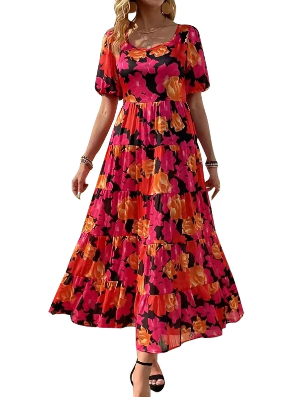 PRETTYGARDEN Womens Dresses 2024 Puff Sleeve Floral Casual Summer Dresses Smocked Backless Beach Flowy Tiered Maxi Dress, F-Black Red, L