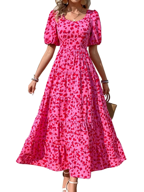 PRETTYGARDEN Womens Dresses 2024 Puff Sleeve Floral Casual Summer Dresses Smocked Backless Beach Flowy Tiered Maxi Dress, F-Rose Red, XL