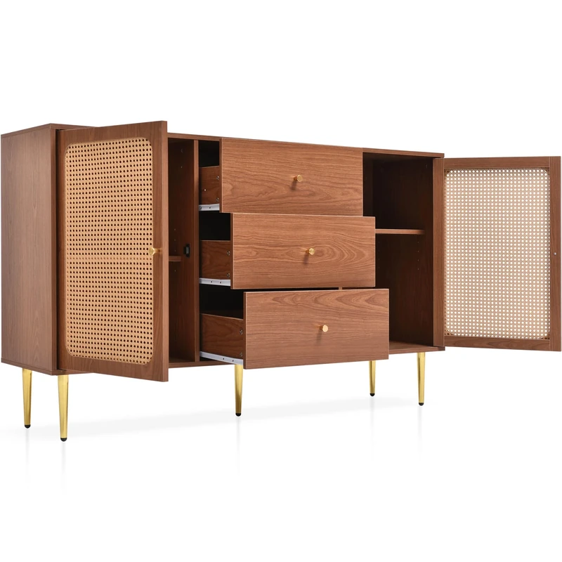 Merax Rattan Sideboards for Living Room | Storage Cabinet with 2 Doors and 3 Drawers | Walnut Drawers Bedroom with Adjustable Shelf | Kitchen Cabinets | 90x150x40cm