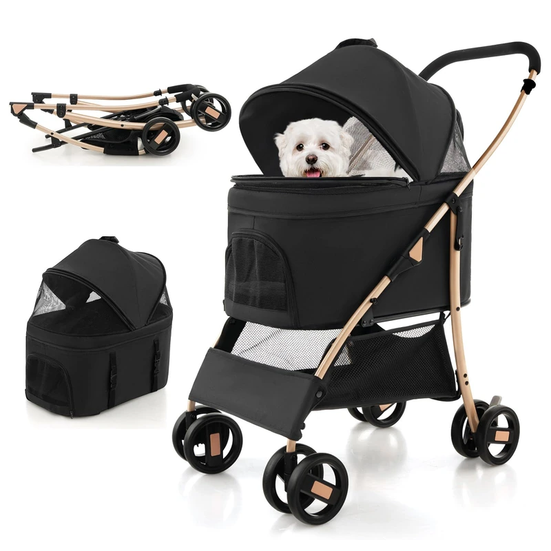 GYMAX Folding Pet Stroller with Adjustable Canopy Safety Belt (Black+Gold)